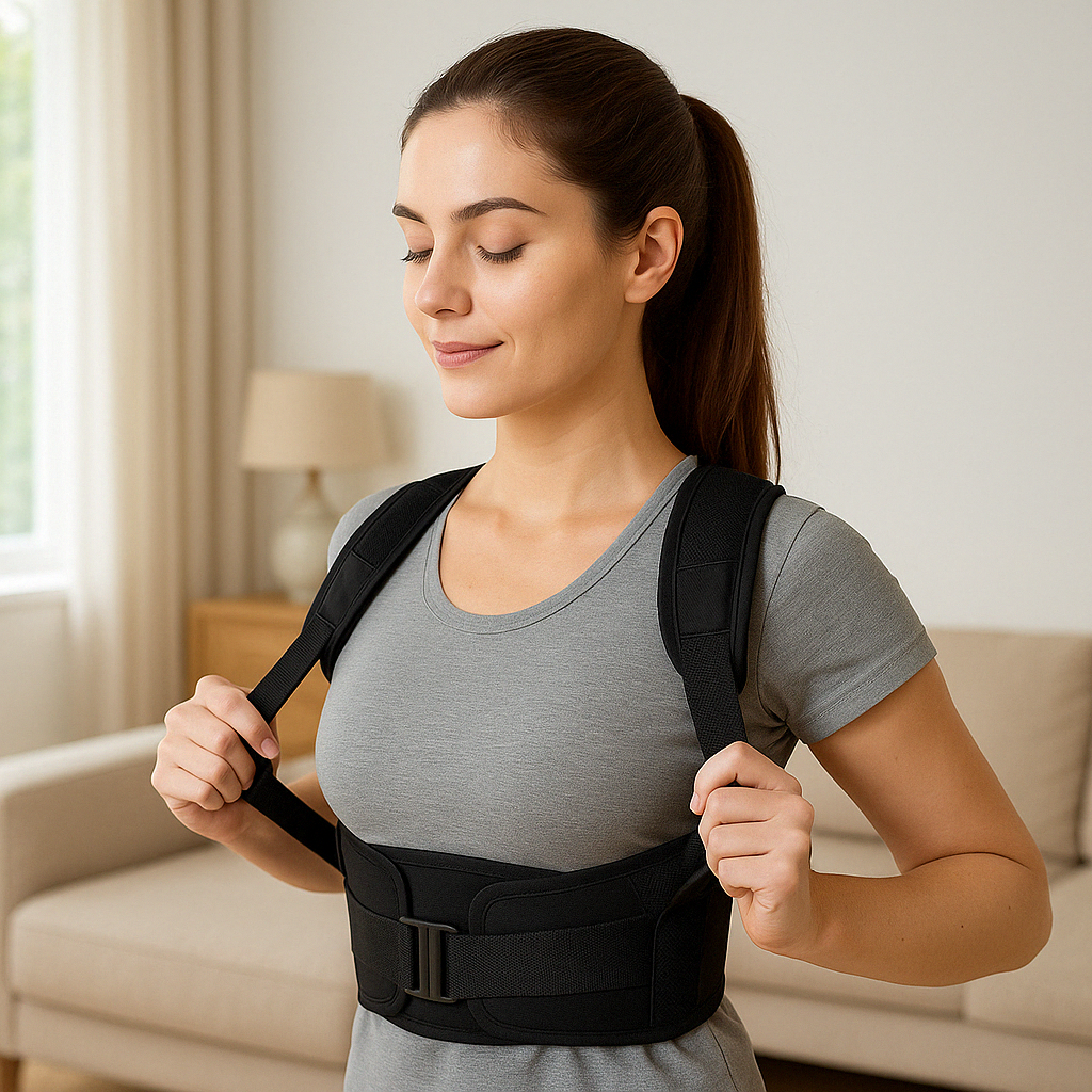 Woman wearing a black back brace in a living room setting