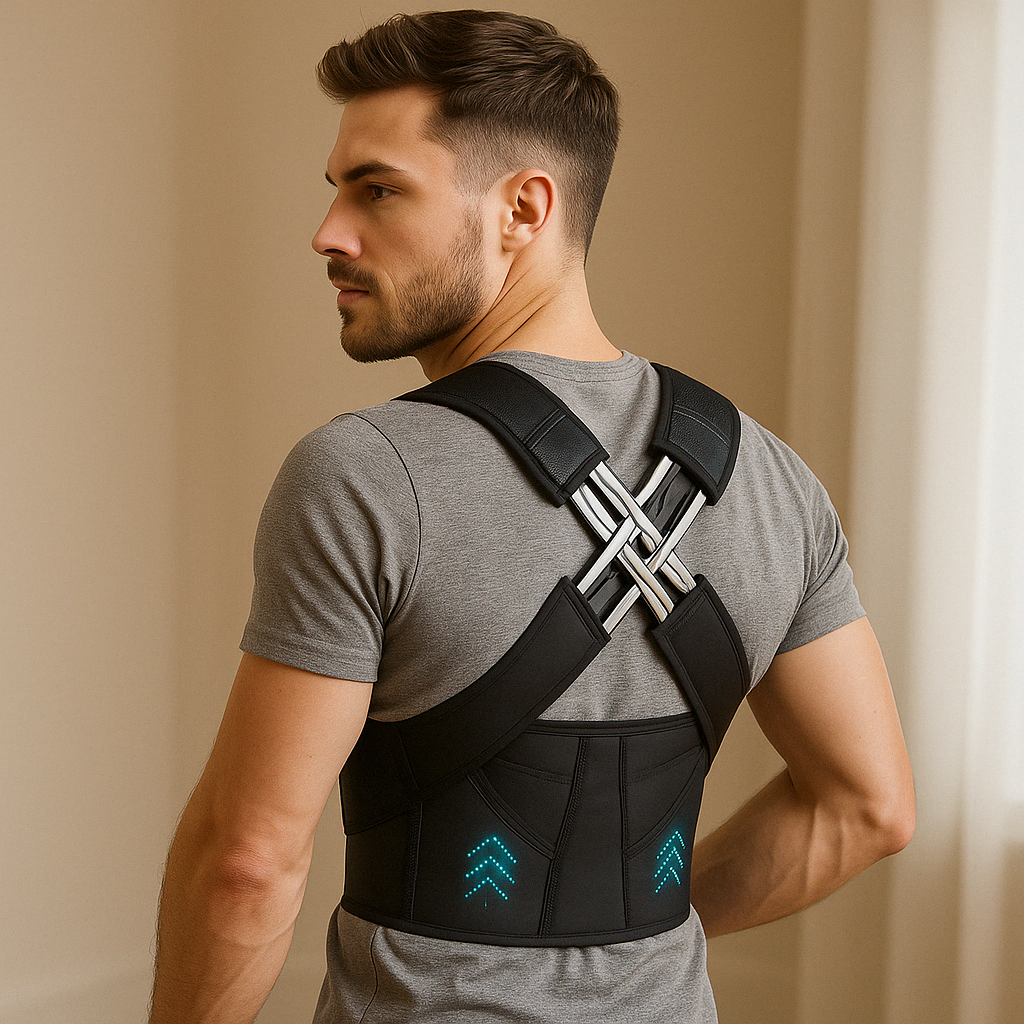 Man wearing a black back brace against a beige wall